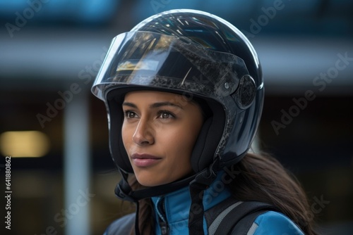 An Indian female luge athlete with her helmet off looking still at the camera against a defocused sport background. © Justlight