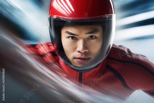 An East Asian male luge athlete focused on the camera within a framed moment with a blurredmotion background of the sport. photo