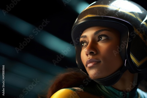 An AfricanAmerican female luge athlete captivatingly gazing with intense focus surrounded by a defocused sporting environment.