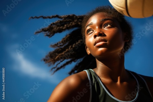 An African isolate portrait of an athletic teenage girl in midair poses with a blurred volleyball court in the distance. © Justlight