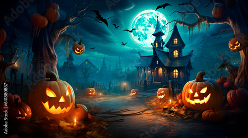 Halloween backgrounds in a fun cartoon style. Halloween wallpaper with pumpkins, spooky houses and ghosts. Generative AI