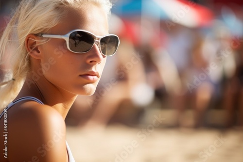 Straight on view of a determined whitehaired athlete at a tournament a closeup shot of both her and the surrounding beach volleyball court.