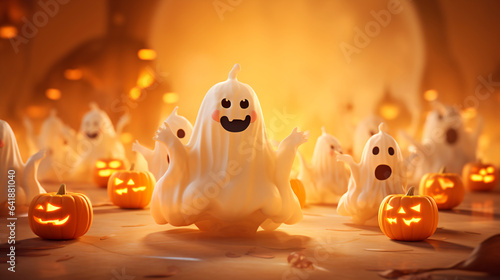 Halloween backgrounds in a fun cartoon style. Halloween wallpaper with pumpkins, spooky houses and ghosts. Generative AI