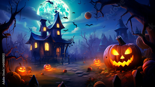 Halloween backgrounds in a fun cartoon style. Halloween wallpaper with pumpkins, spooky houses and ghosts. Generative AI