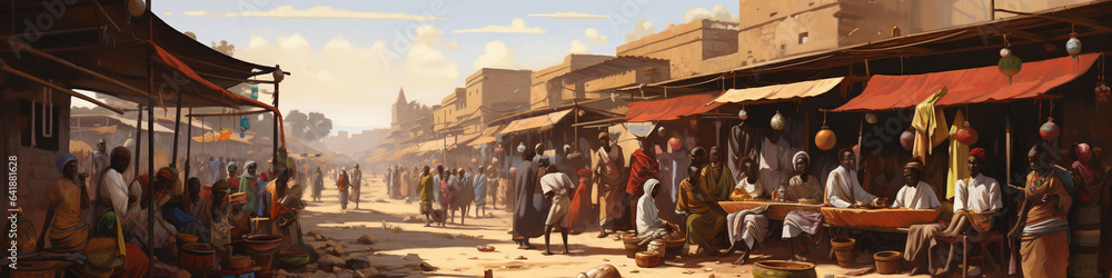 An Illustration of a Bustling African Market with Layered Stalls and Buyers