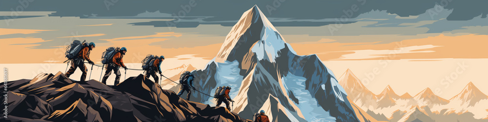 An Illustration of a Grainy Mountain Climb with Oversized Equipment and Climbers