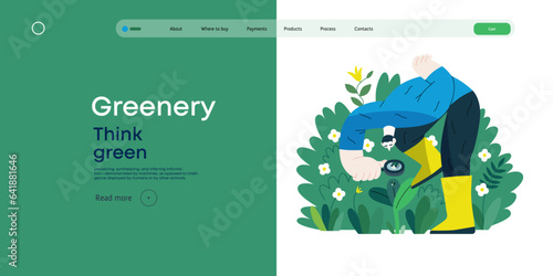 Greenery, ecology -modern flat vector concept illustration of a man in plants, looking at the bug through the lens. Metaphor of environmental sustainability and protection, closeness to nature