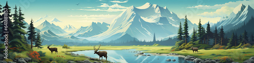 An Illustration of an Alaskan Wildlife Scene with Layered Animals and Landscapes