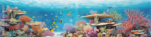 An Illustration of Grainy Aquatic Life in a Bustling Coral Reef