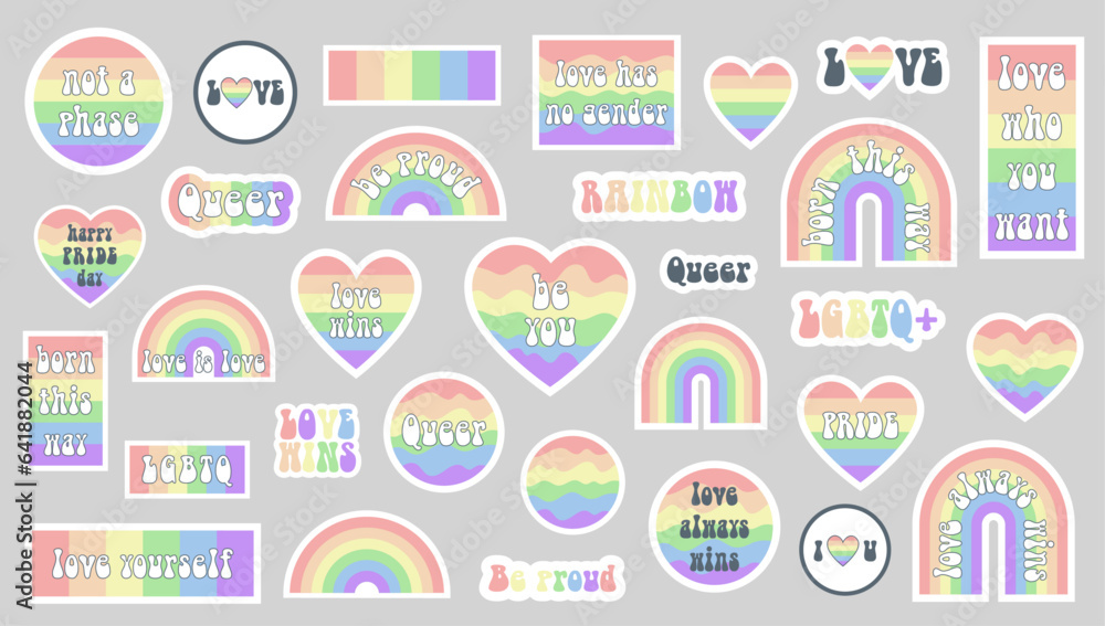Fototapeta premium LGBTQ rainbow sticker pack. Vector stickers in pastel pale rainbow colors 