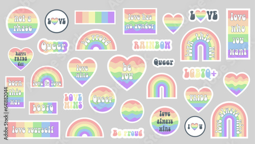 LGBTQ rainbow sticker pack. Vector stickers in pastel pale rainbow colors 