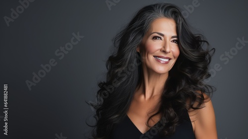 Black middle age woman portrait with healthy face skin. Open smiling beautiful aging mature woman. Beauty and cosmetics skincare advertising concept grey background space for copy - generative AI