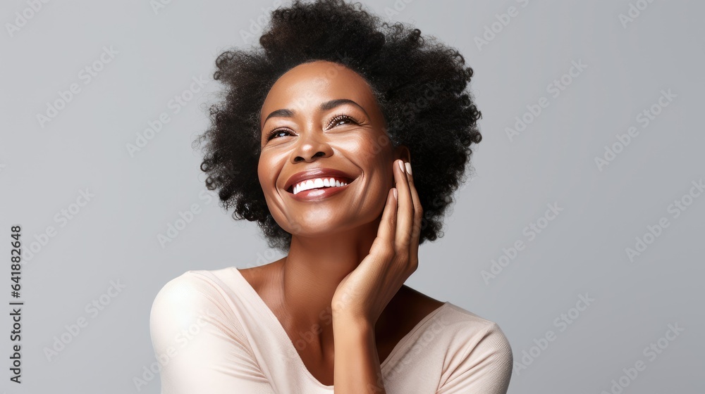Smiling black adult woman touch face with smooth healthy skin. Open healthy smiling beautiful aging mature woman with white teeth. Beauty, dental and cosmetics - generative AI, fiction person Smiling black adult woman touch face with smooth healthy skin. Open healthy smiling beautiful aging mature woman with white teeth. Beauty, dental and cosmetics - generative AI, fiction person