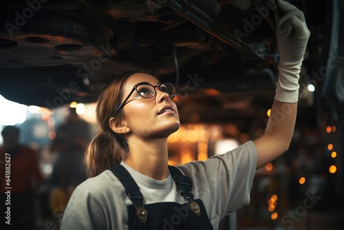 Female auto mechanic worker in garage fixing a car