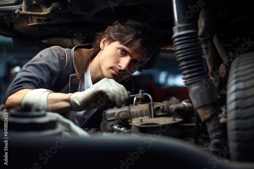 Auto mechanic worker in garage checking and fixing a car