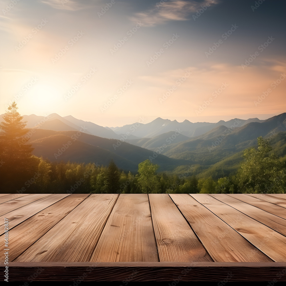blank empty wood table top view, copy space,nature mountain sunrise sky background7, AI Generated 