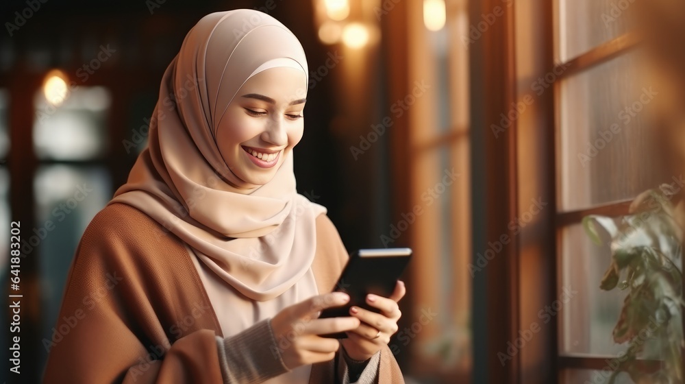 Beautiful overjoyed young smiling muslim woman in traditional religious hijab reading great news on smartphone - generative AI, fiction Person Beautiful overjoyed young smiling muslim woman in traditional religious hijab reading great news on smartphone - generative AI, fiction Person