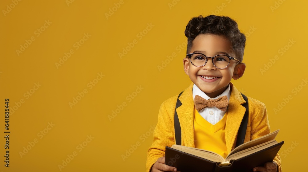 Smart ethnic schoolboy in glasses reading book yellow background - generative AI, fiction Person Smart ethnic schoolboy in glasses reading book yellow background - generative AI, fiction Person
