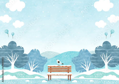雪がふる冬の公園のベンチと小鳥 自然風景の水彩背景イラスト photo