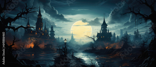 Halloween spooky background, scary jack o lantern pumpkins in creepy dark forest with bats, spooky trees and moon, Happy Haloween ghosts horror gothic mysterious night moonlight backdrop. © Synthetica