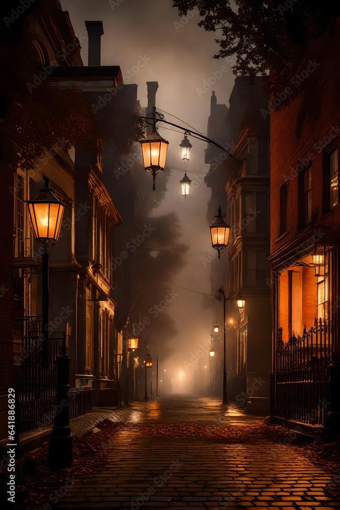 A historic district street with grand architecture, draped in eerie fog and lit by the warm, inviting glow of streetlamps and jack-o'-lanterns.



