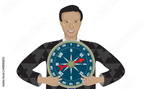 Man with big compass and suit with puzzle pieces. Isolated. Vector illustration.
