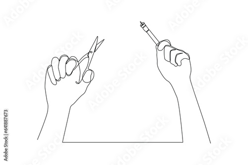One continuous line drawing of Cord cutting concept. Doodle vector illustration in simple linear style. 