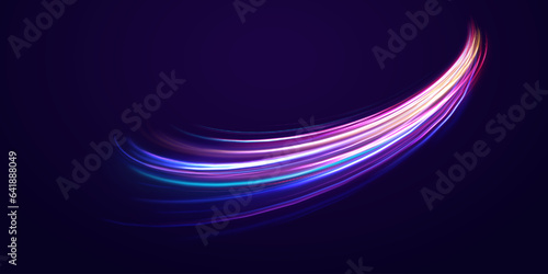 High speed affect motion blur. Futuristic neon light line trails. Purple glowing wave swirl, impulse cable lines. Light everyday glowing effect. Long time exposure. Vector 