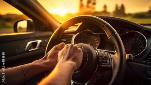 a person holding a steering wheel with his hands outside in summer vacation at sunset. first person view POV. driving a car. Generative AI © SayLi