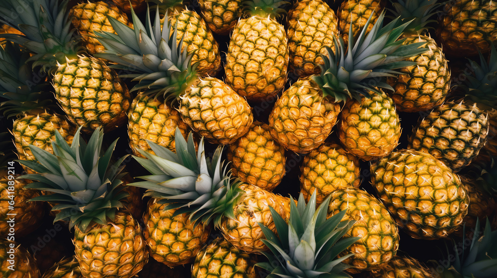 Top view full frame of whole ripe pineapple placed together as background. Top view full frame of whole ripe pineapple placed together as background.
