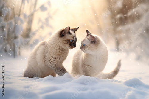 Two norwegian cats are playing in the snow. Hello winter.