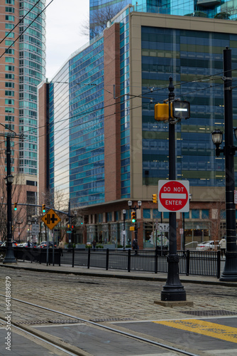 Jersey City, New Jersey, USA, view of Exchange Place light rail station. High quality photo