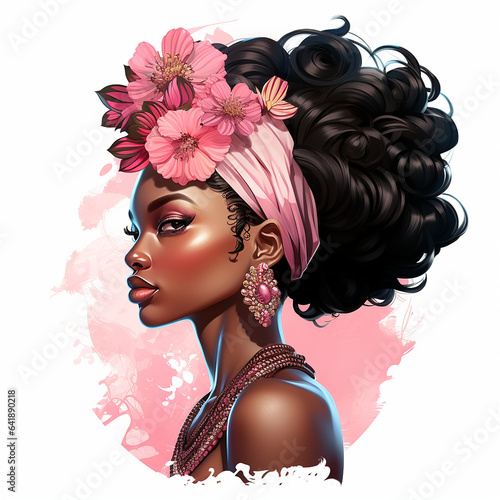 portrait of a black woman with pink  flowers in hair