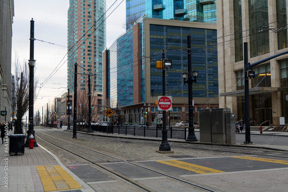 Jersey City, New Jersey, USA, view of Exchange Place light rail station. High quality photo