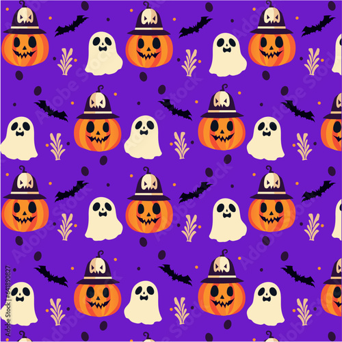 Halloween pattern on purple background, pumpkin, ghost,