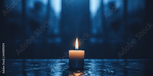 Stampa su tela Capture the essence of solitude with a lone candle on a deep blue background, ev