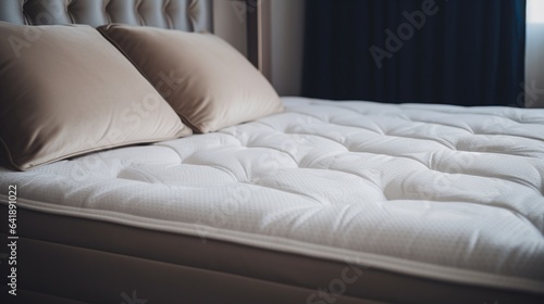 Close up of fluffy mattress in modern bright bedroom