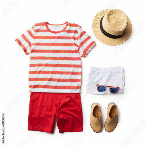 Beach outfit with striped shirt and hat n shoes and sunglasses ,generative ai illustration