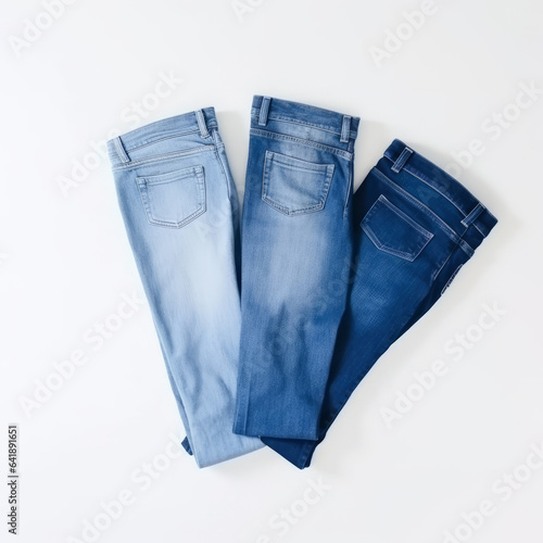 Three colors of blue jeans isolate on white background, generative ai illustration