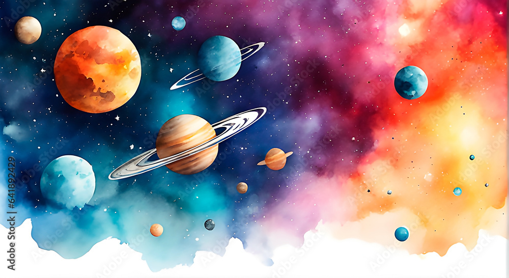 Colorful space background with planets in watercolors style