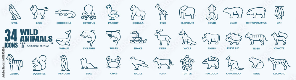Wild Animals vector Icon. Thin line creature icons set. Simple vector icons. Editable line