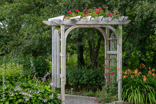 An outdoor wooden curved shaped archway or arbor surrounded by a lush green garden.  The park has birch trees, climbing red roses, orange lily flowers, and vibrant green shrubs in a botanical park. 