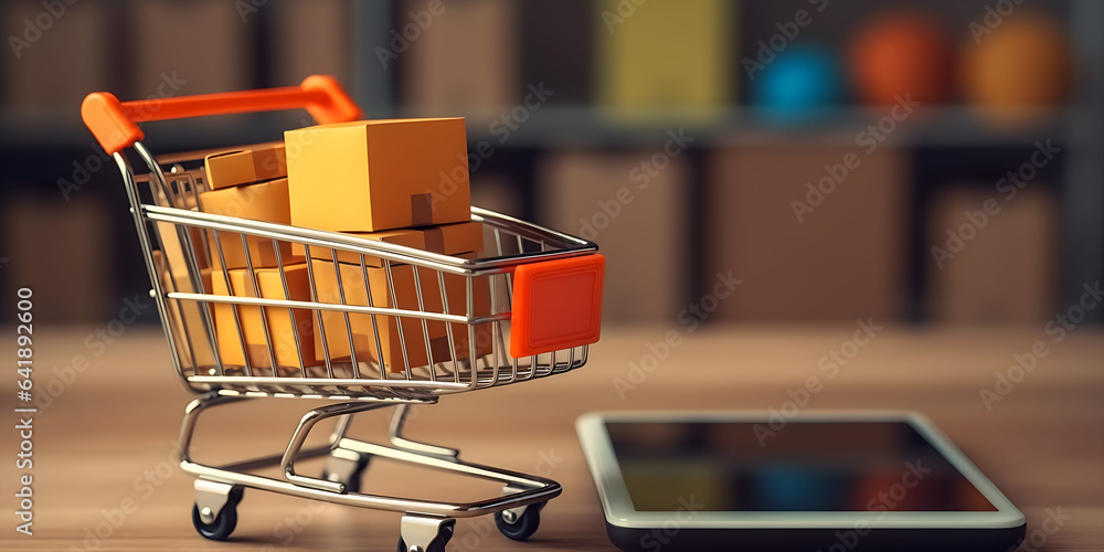  Online shopping concept with cell phone, shopping cart inside cell