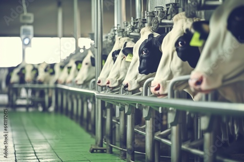 Dozens of cows in a row, inside an industrial livestock warehouse. © Joaquin Corbalan