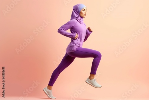 Muslim woman with headscarf, running doing sport, studio shot.