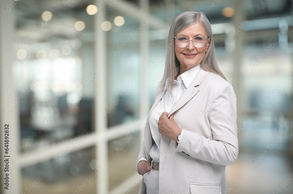 Portrait of confident woman on blurred background, space for text Portrait of confident woman on blurred background, space for text