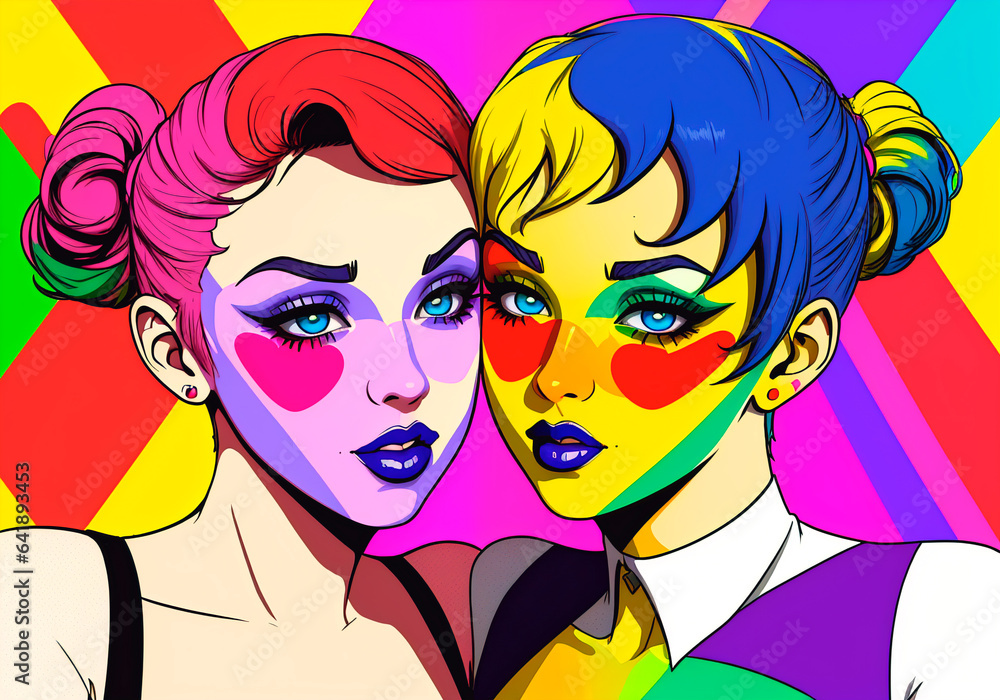 Pop art, lesbian girls loving each other. The concept of LGBT. Generative AI. Pop art, lesbian girls loving each other. The concept of LGBT. Generative AI.