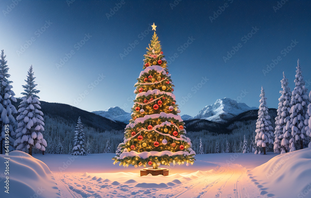 Beautiful Christmas tree in the forest. Generative AI. Beautiful Christmas tree in the forest. Generative AI.
