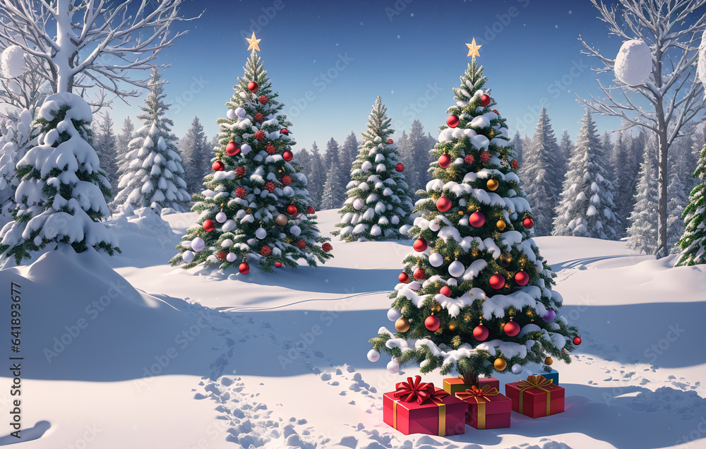 Beautiful Christmas tree in the forest. Generative AI.