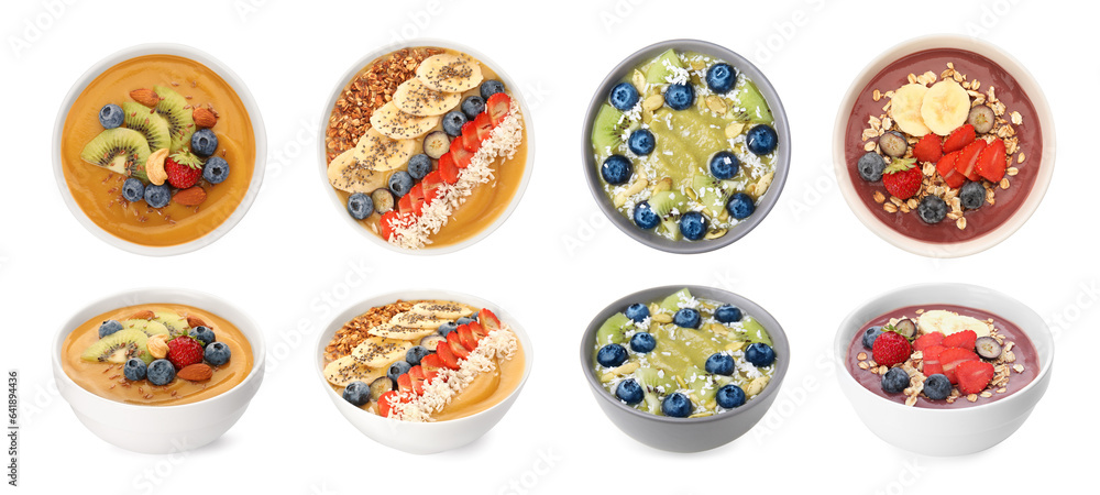 Many different smoothie bowls isolated on white, collage with side and top views Many different smoothie bowls isolated on white, collage with side and top views